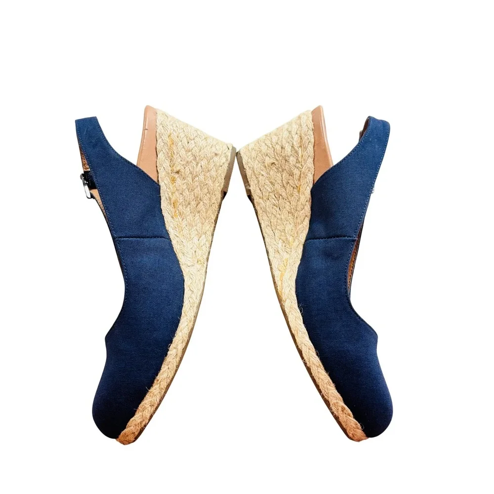 Vionic Coralina Navy Blue Canvas Slingback Espadrille Wedges Womens 7.5 Wide
